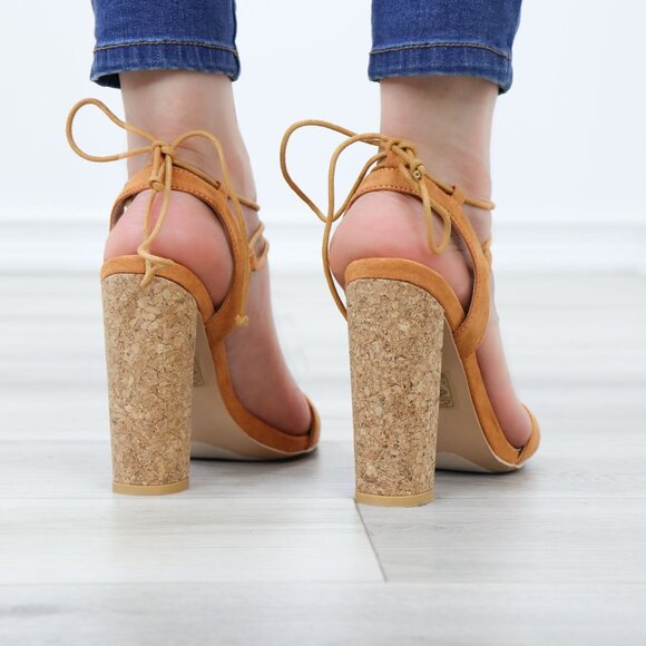 Mustard Wrap Sandals Cork Heel Adjustable Straps Open Toe - Picture 6 of 11